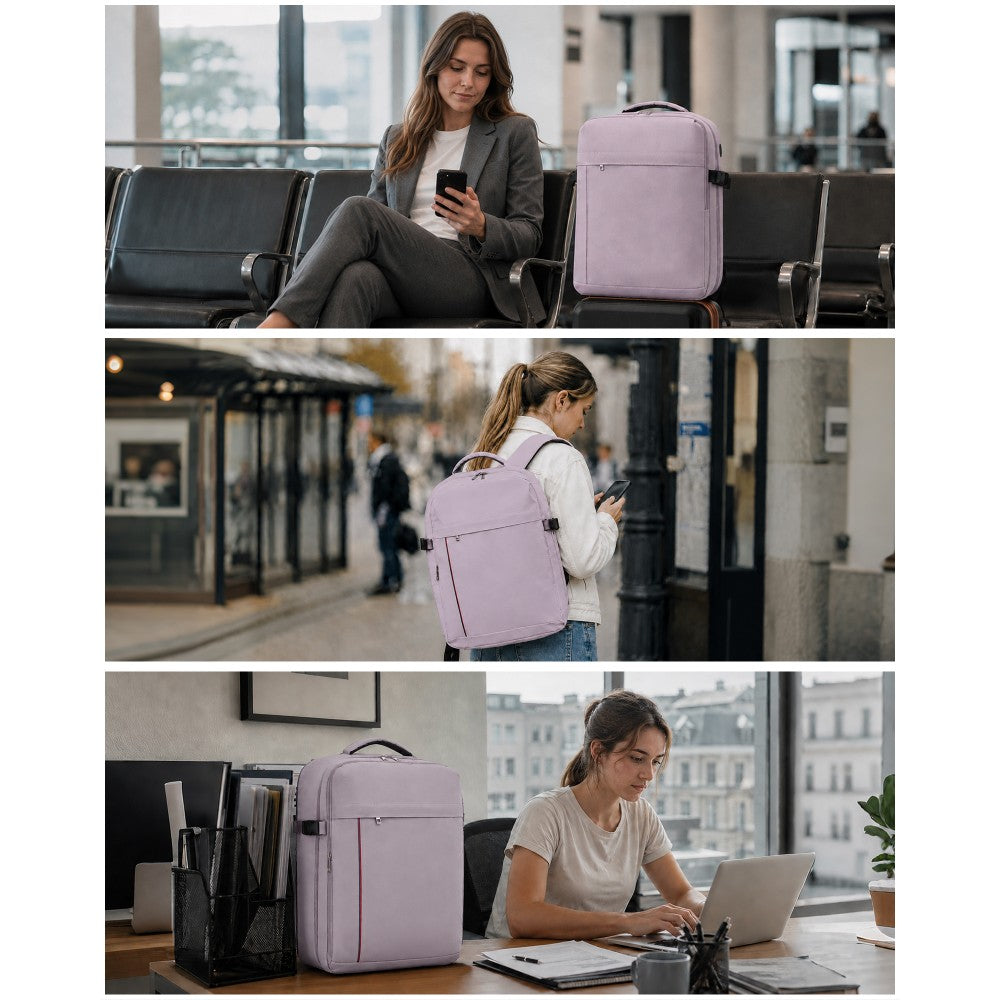 BPK2524L- Kono 32L Upgraded Large Cabin Backpack, 17.3 Inch Laptop Rucksack with Breathable Pressure-Relief Straps & Luggage Trolley Strap for Business Travel - Purple