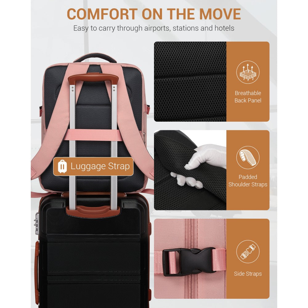 BPK2524L- Kono 32L Upgraded Large Cabin Backpack, 17.3 Inch Laptop Rucksack with Breathable Pressure-Relief Straps & Luggage Trolley Strap for Business Travel - Pink