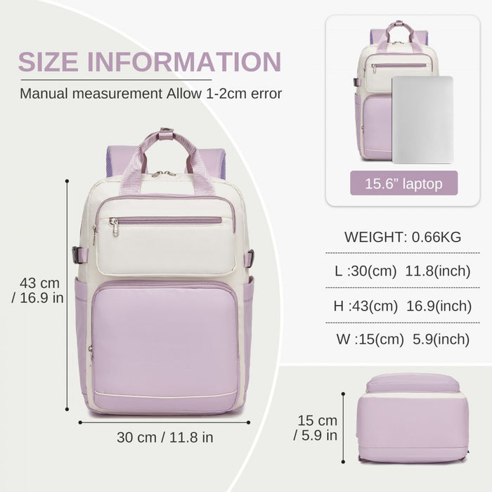 Water-Resistant Laptop Backpack – 15.6-Inch Padded Laptop Compartment, Reflective Strip – Beige and Purple
