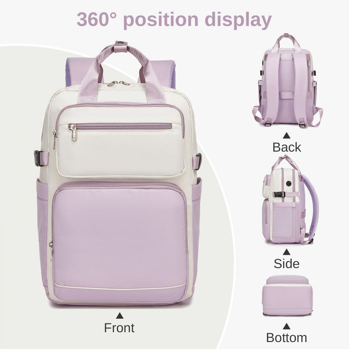 Water-Resistant Laptop Backpack – 15.6-Inch Padded Laptop Compartment, Reflective Strip – Beige and Purple