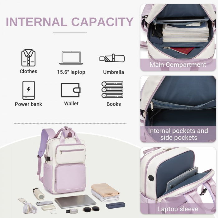 Water-Resistant Laptop Backpack – 15.6-Inch Padded Laptop Compartment, Reflective Strip – Beige and Purple