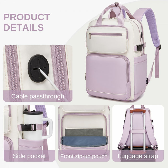 Water-Resistant Laptop Backpack – 15.6-Inch Padded Laptop Compartment, Reflective Strip – Beige and Purple