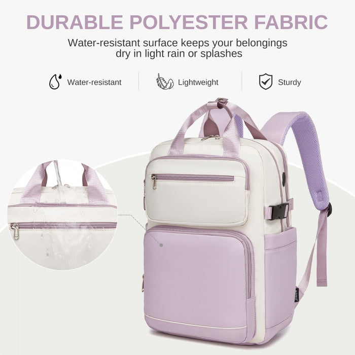 Water-Resistant Laptop Backpack – 15.6-Inch Padded Laptop Compartment, Reflective Strip – Beige and Purple