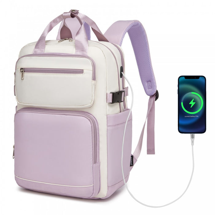 Water-Resistant Laptop Backpack – 15.6-Inch Padded Laptop Compartment, Reflective Strip – Beige and Purple