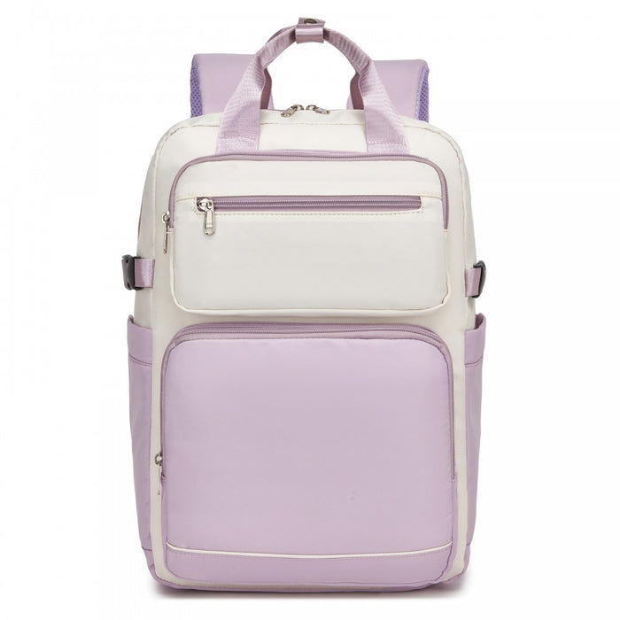 Water-Resistant Laptop Backpack – 15.6-Inch Padded Laptop Compartment, Reflective Strip – Beige and Purple