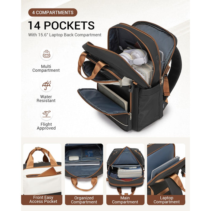 Water-Resistant Laptop Backpack – 15.6-Inch Padded Laptop Compartment, Reflective Strip – Black and Beige