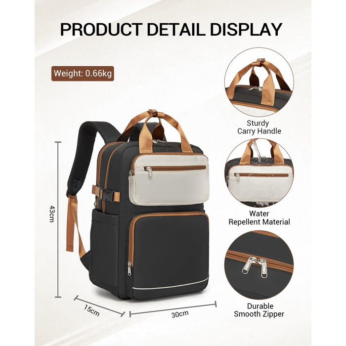 Water-Resistant Laptop Backpack – 15.6-Inch Padded Laptop Compartment, Reflective Strip – Black and Beige