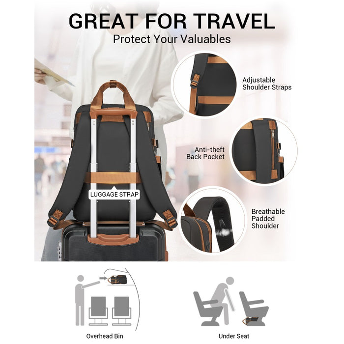 Water-Resistant Laptop Backpack – 15.6-Inch Padded Laptop Compartment, Reflective Strip – Black and Beige