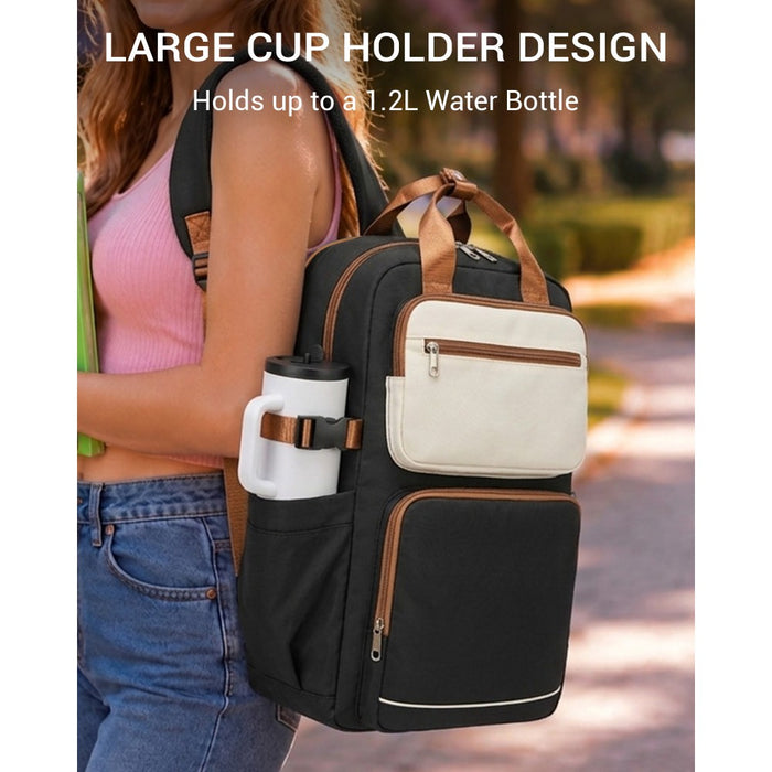 Water-Resistant Laptop Backpack – 15.6-Inch Padded Laptop Compartment, Reflective Strip – Black and Beige