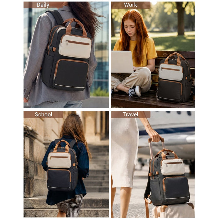 Water-Resistant Laptop Backpack – 15.6-Inch Padded Laptop Compartment, Reflective Strip – Black and Beige