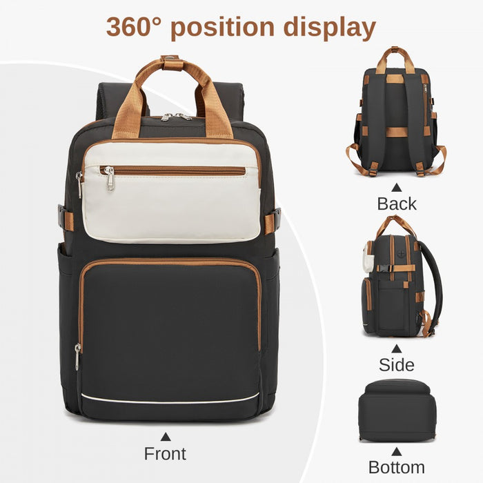 Water-Resistant Laptop Backpack – 15.6-Inch Padded Laptop Compartment, Reflective Strip – Black and Beige