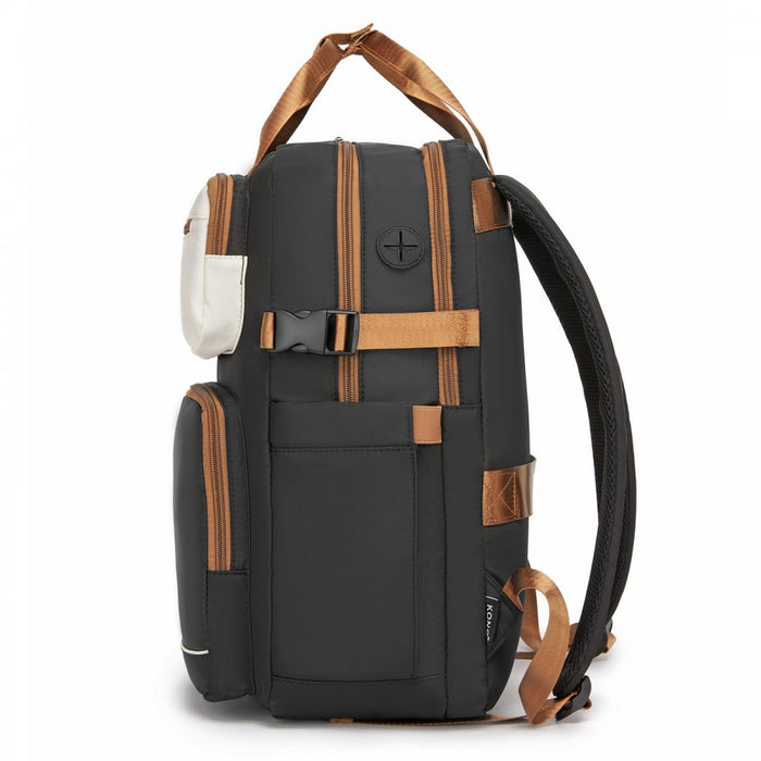 Water-Resistant Laptop Backpack – 15.6-Inch Padded Laptop Compartment, Reflective Strip – Black and Beige