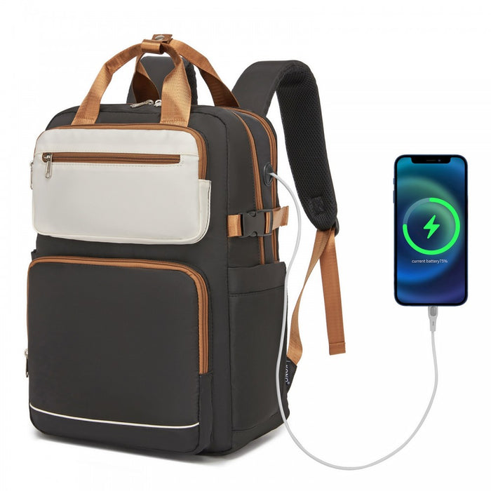 Water-Resistant Laptop Backpack – 15.6-Inch Padded Laptop Compartment, Reflective Strip – Black and Beige