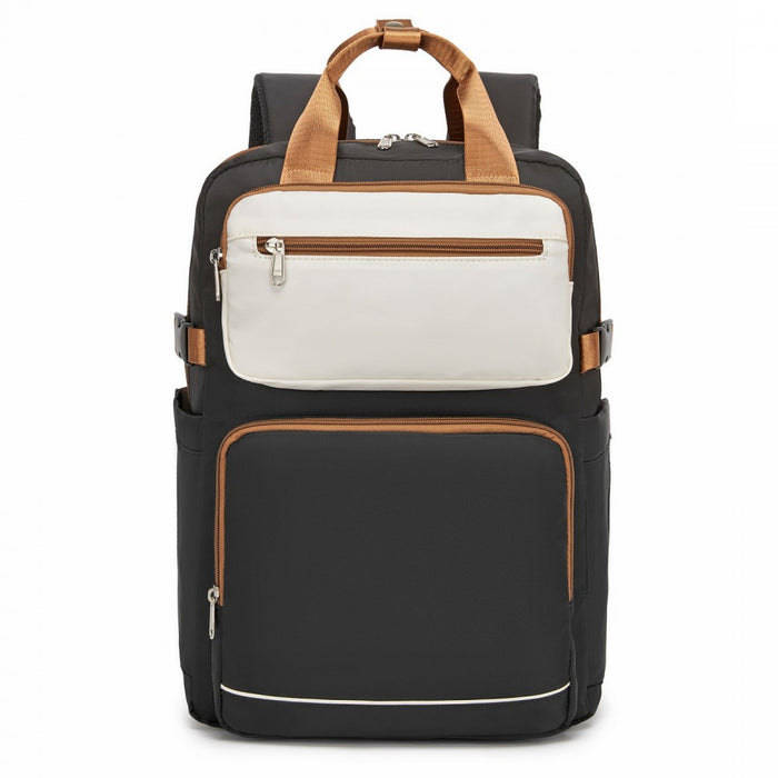 Water-Resistant Laptop Backpack – 15.6-Inch Padded Laptop Compartment, Reflective Strip – Black and Beige