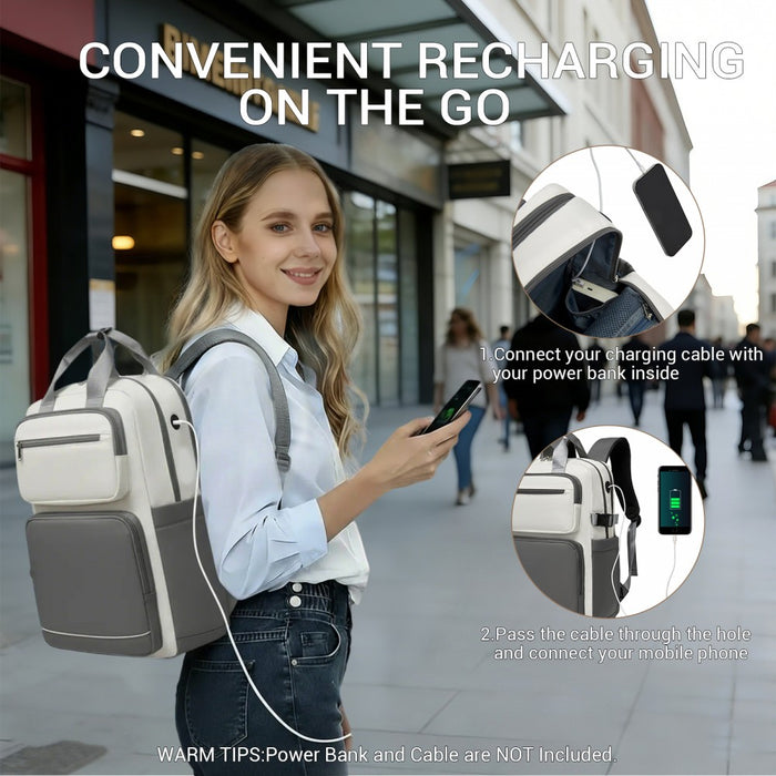 Water-Resistant Laptop Backpack – 15.6-Inch Padded Laptop Compartment, Reflective Strip – Beige and Grey