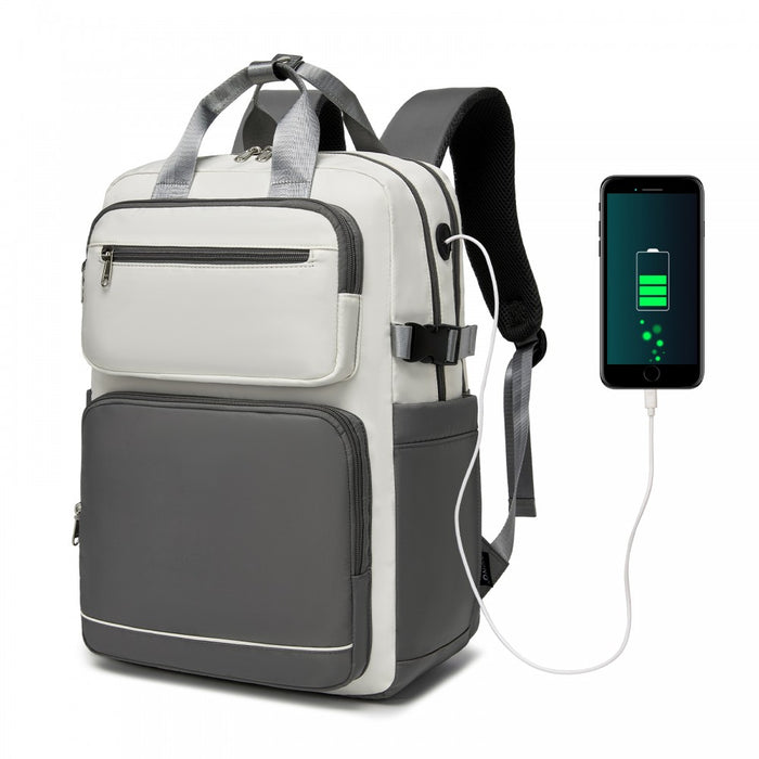 Water-Resistant Laptop Backpack – 15.6-Inch Padded Laptop Compartment, Reflective Strip – Beige and Grey