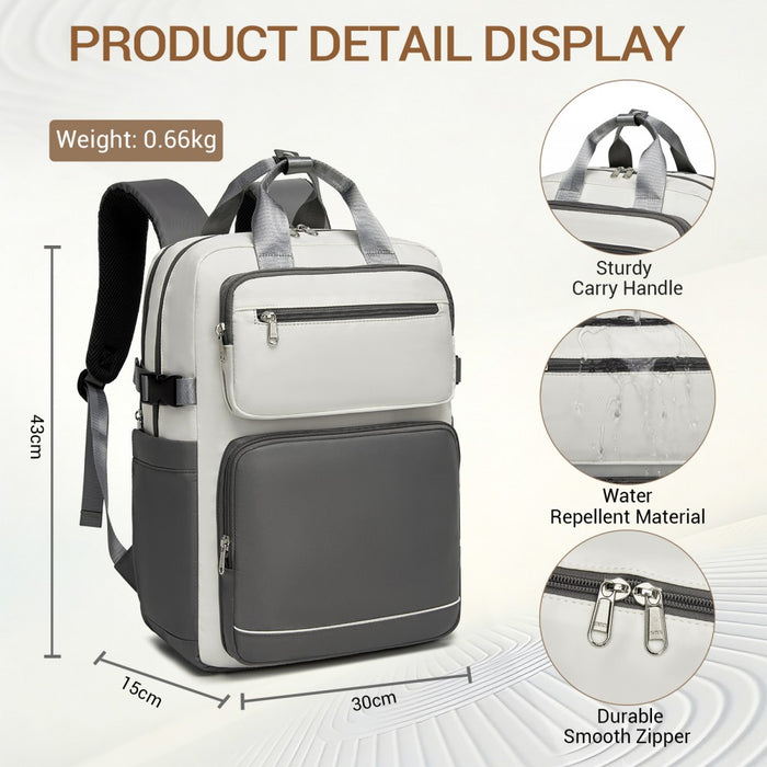 Water-Resistant Laptop Backpack – 15.6-Inch Padded Laptop Compartment, Reflective Strip – Beige and Grey