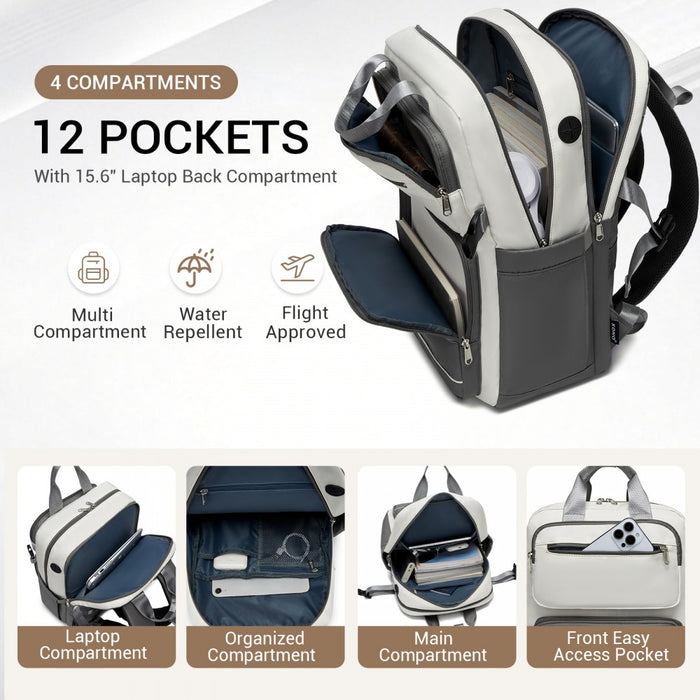 Water-Resistant Laptop Backpack – 15.6-Inch Padded Laptop Compartment, Reflective Strip – Beige and Grey