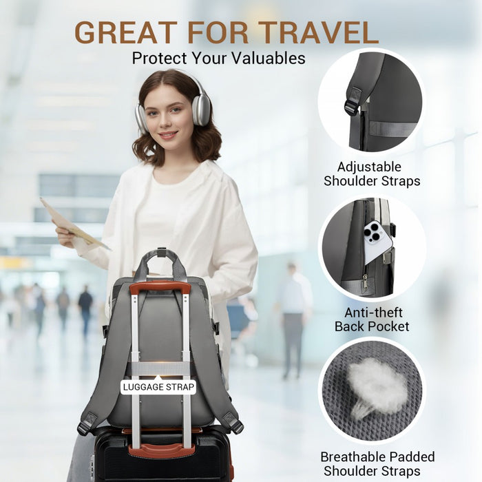 Water-Resistant Laptop Backpack – 15.6-Inch Padded Laptop Compartment, Reflective Strip – Beige and Grey