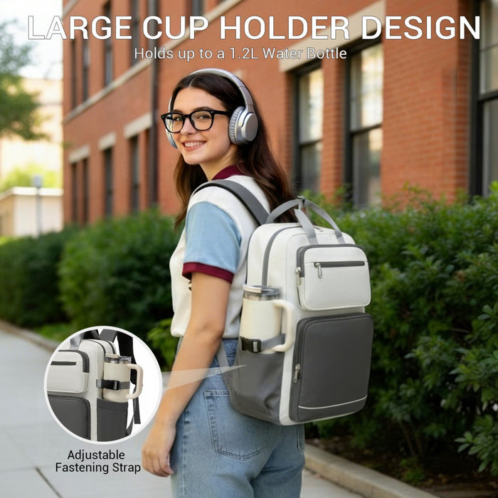 Water-Resistant Laptop Backpack – 15.6-Inch Padded Laptop Compartment, Reflective Strip – Beige and Grey
