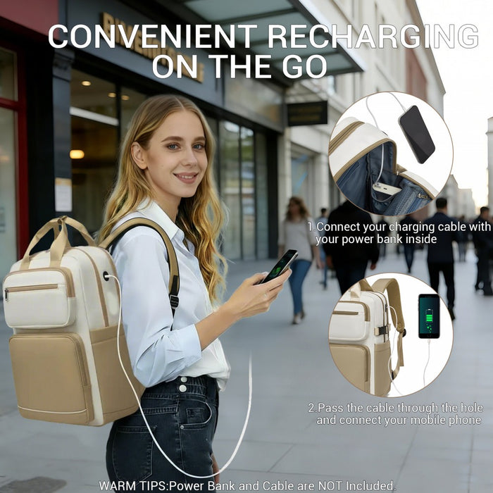 Water-Resistant Laptop Backpack – 15.6-Inch Padded Laptop Compartment, Reflective Strip – Beige and Khaki