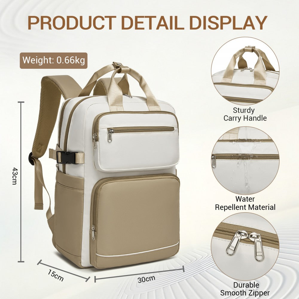 Water-Resistant Laptop Backpack – 15.6-Inch Padded Laptop Compartment, Reflective Strip – Beige and Khaki