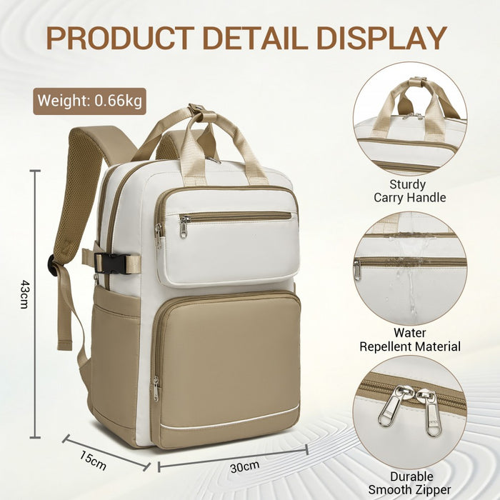 Water-Resistant Laptop Backpack – 15.6-Inch Padded Laptop Compartment, Reflective Strip – Beige and Khaki