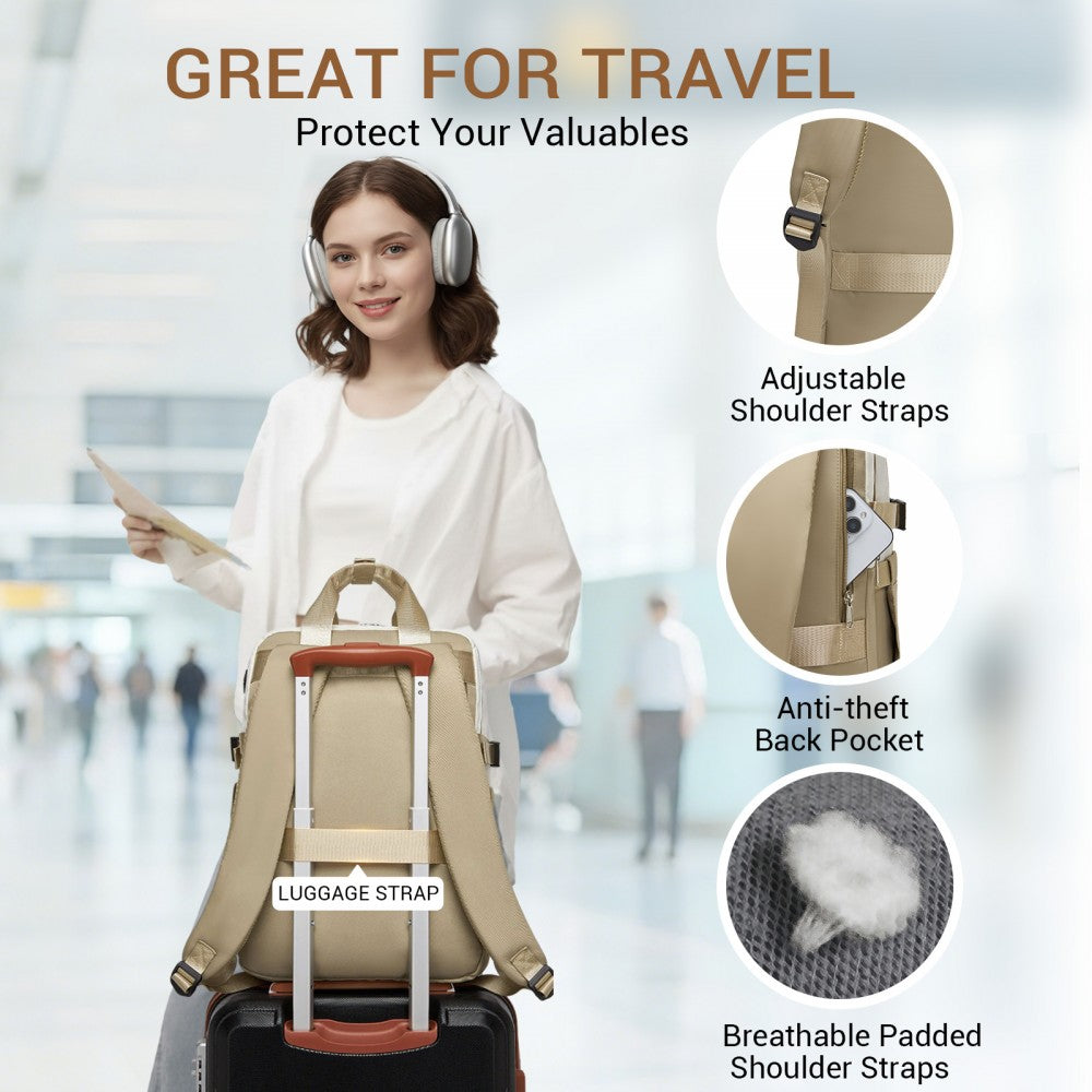 Water-Resistant Laptop Backpack – 15.6-Inch Padded Laptop Compartment, Reflective Strip – Beige and Khaki