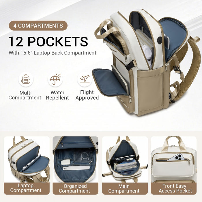 Water-Resistant Laptop Backpack – 15.6-Inch Padded Laptop Compartment, Reflective Strip – Beige and Khaki