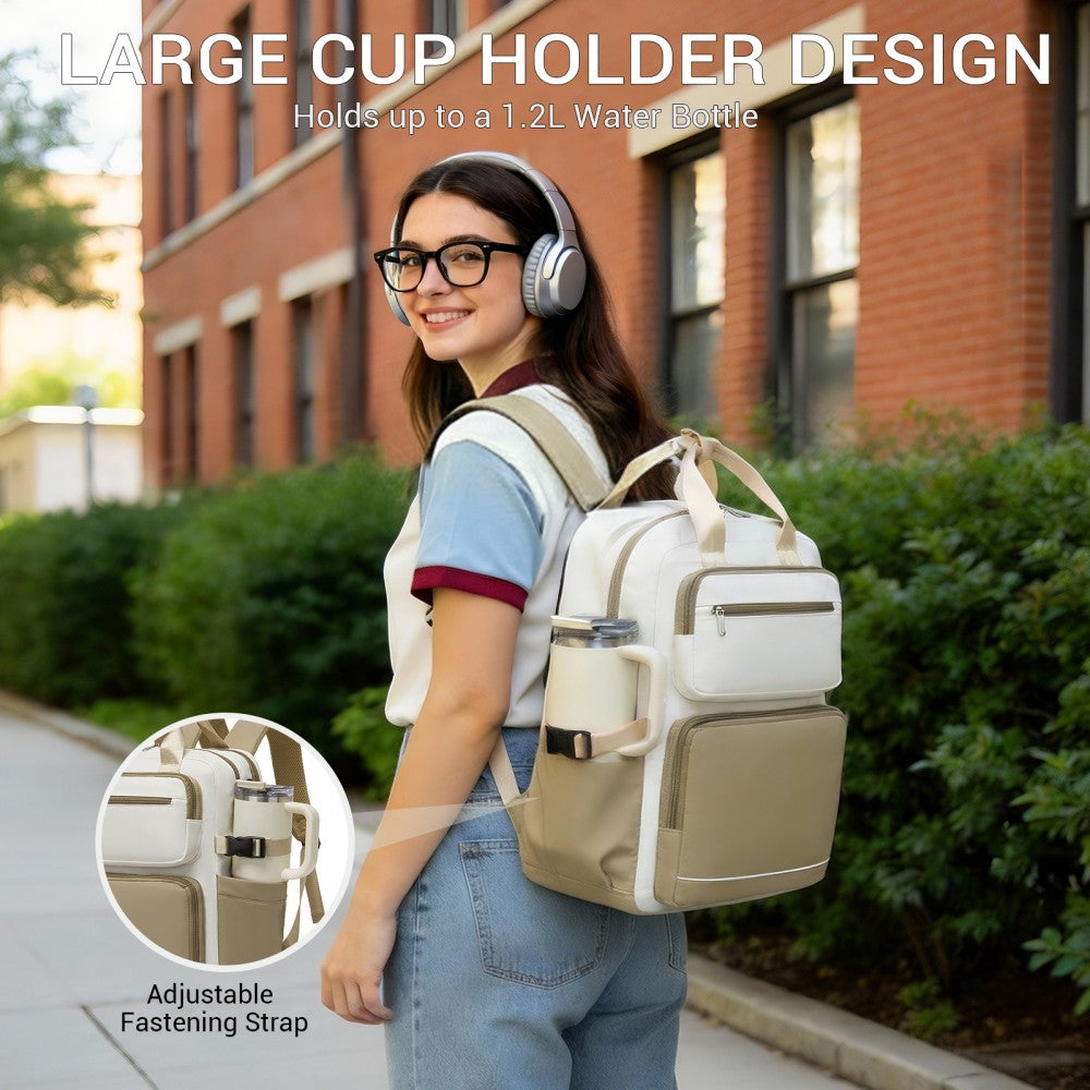Water-Resistant Laptop Backpack – 15.6-Inch Padded Laptop Compartment, Reflective Strip – Beige and Khaki