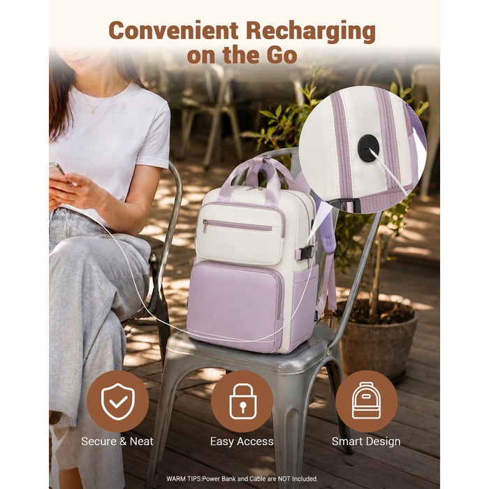 Water-Resistant Laptop Backpack – 15.6-Inch Padded Laptop Compartment, Reflective Strip – Beige and Purple