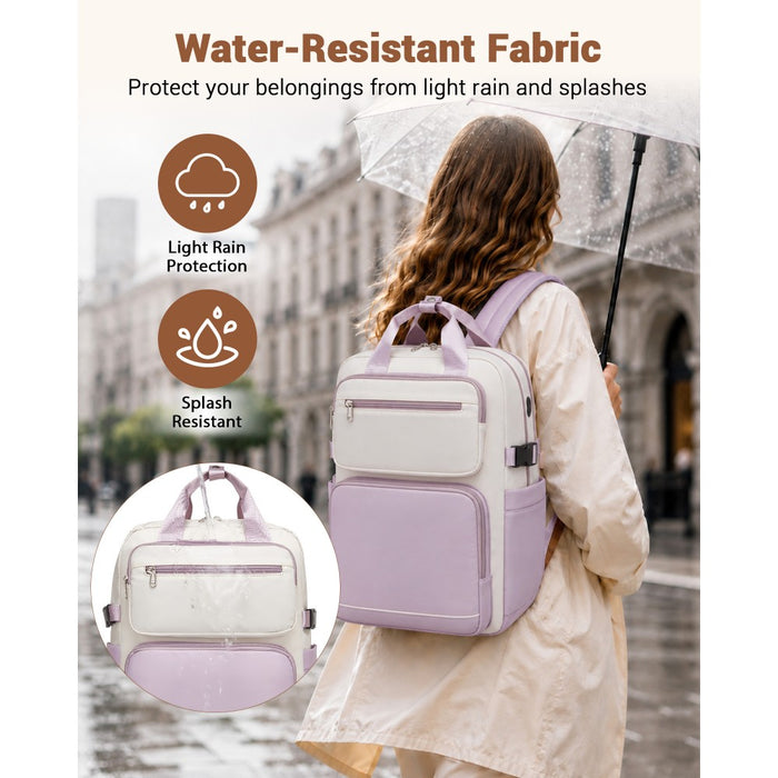 Water-Resistant Laptop Backpack – 15.6-Inch Padded Laptop Compartment, Reflective Strip – Beige and Purple