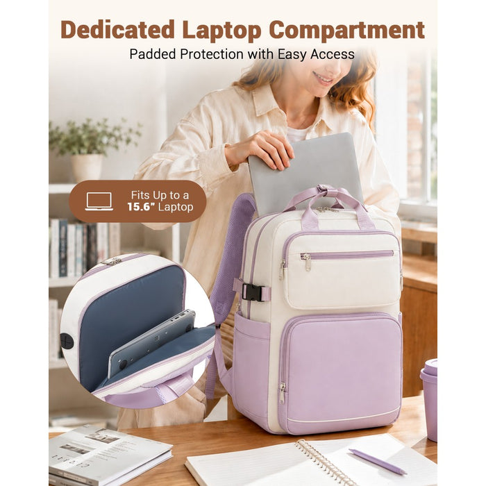 Water-Resistant Laptop Backpack – 15.6-Inch Padded Laptop Compartment, Reflective Strip – Beige and Purple