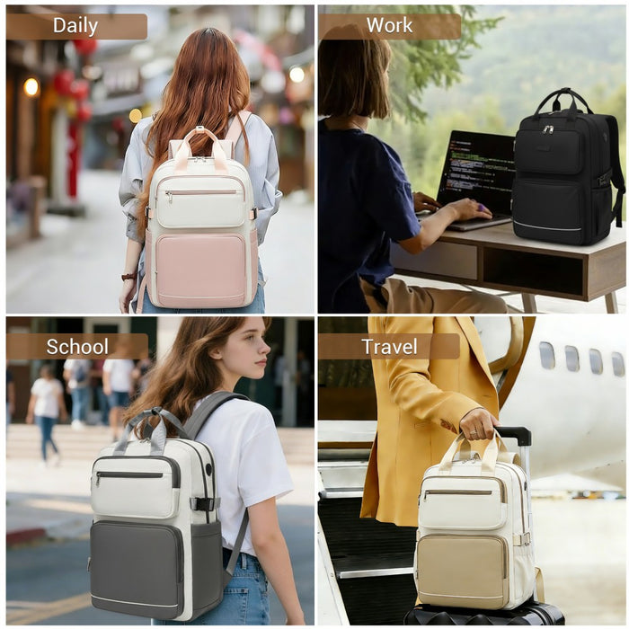 Water-Resistant Laptop Backpack – 15.6-Inch Padded Laptop Compartment, Reflective Strip – Beige and Pink