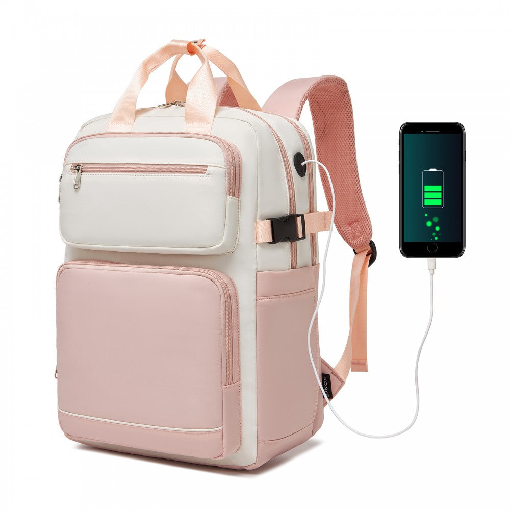 Water-Resistant Laptop Backpack – 15.6-Inch Padded Laptop Compartment, Reflective Strip – Beige and Pink
