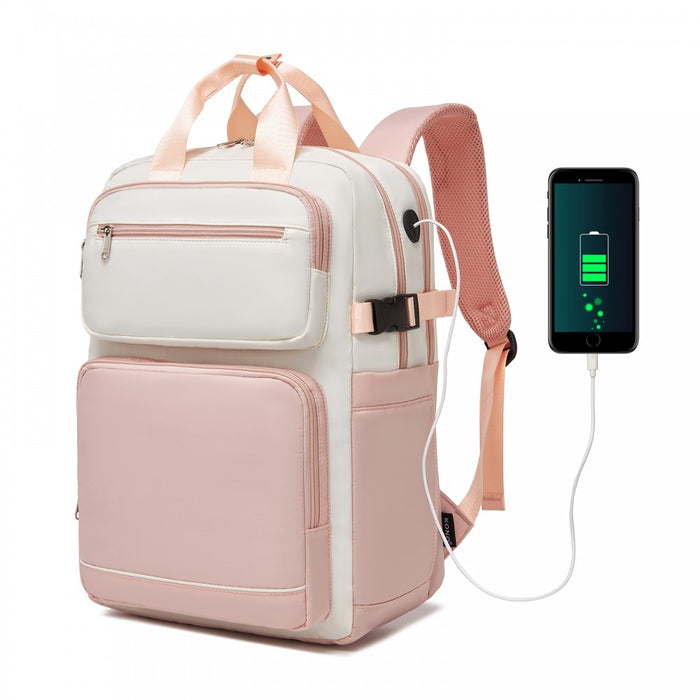 Water-Resistant Laptop Backpack – 15.6-Inch Padded Laptop Compartment, Reflective Strip – Beige and Pink