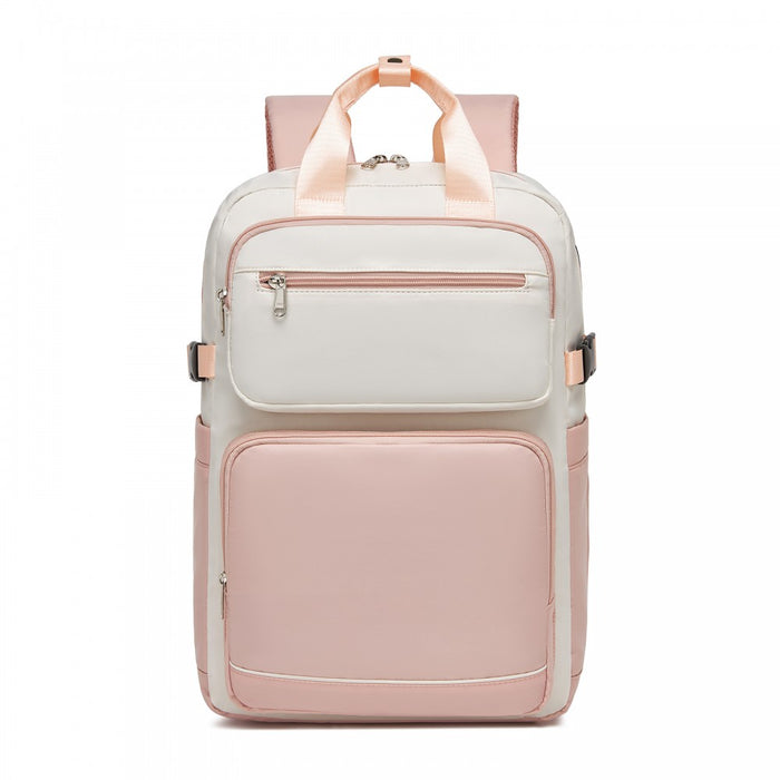 Water-Resistant Laptop Backpack – 15.6-Inch Padded Laptop Compartment, Reflective Strip – Beige and Pink