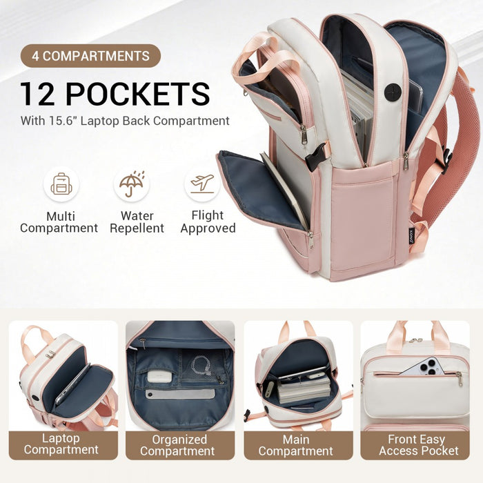 Water-Resistant Laptop Backpack – 15.6-Inch Padded Laptop Compartment, Reflective Strip – Beige and Pink