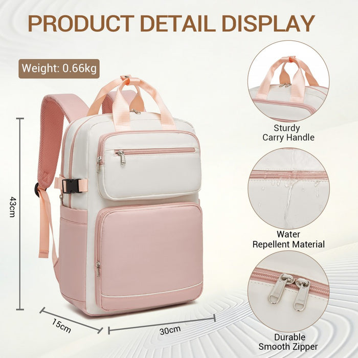Water-Resistant Laptop Backpack – 15.6-Inch Padded Laptop Compartment, Reflective Strip – Beige and Pink