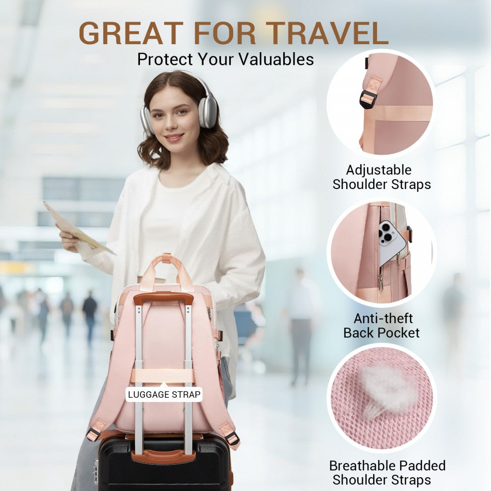 Water-Resistant Laptop Backpack – 15.6-Inch Padded Laptop Compartment, Reflective Strip – Beige and Pink
