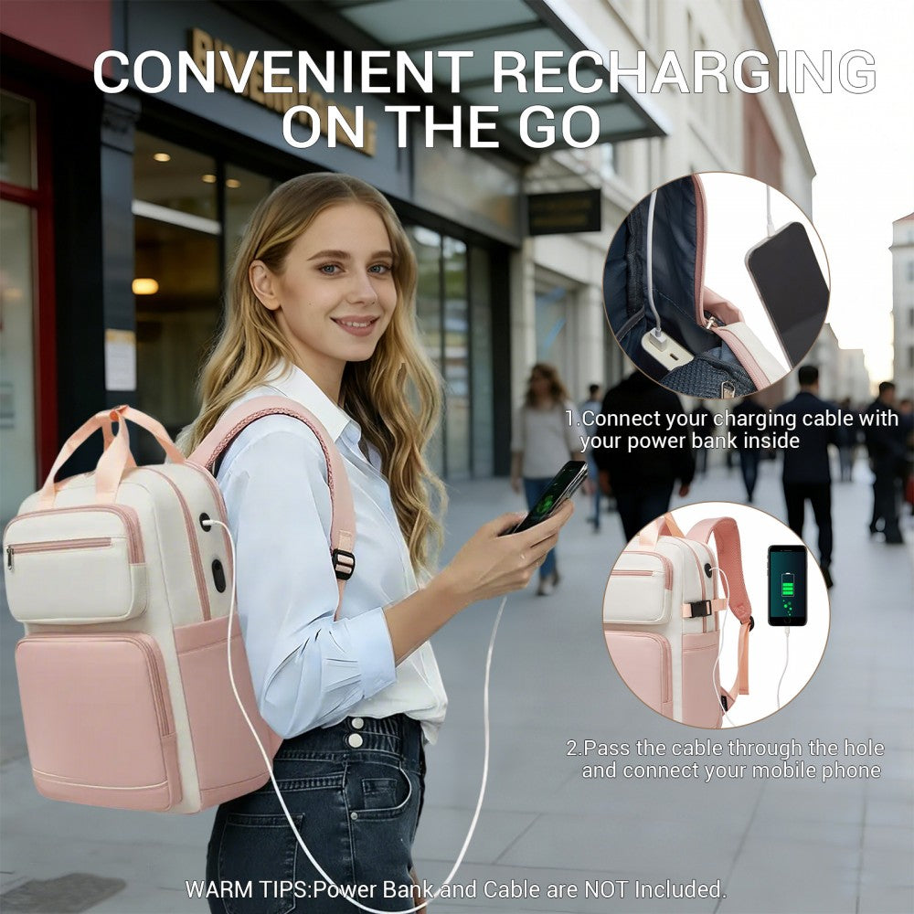 Water-Resistant Laptop Backpack – 15.6-Inch Padded Laptop Compartment, Reflective Strip – Beige and Pink
