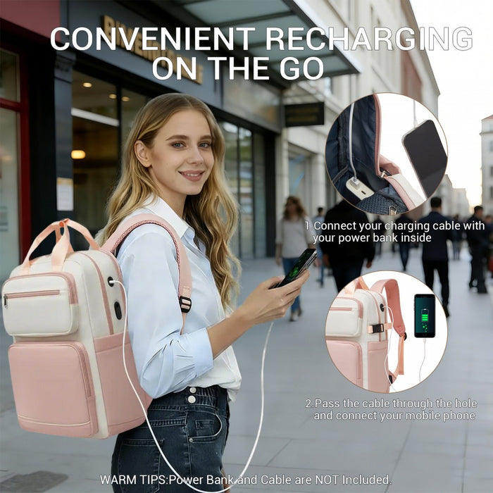 Water-Resistant Laptop Backpack – 15.6-Inch Padded Laptop Compartment, Reflective Strip – Beige and Pink