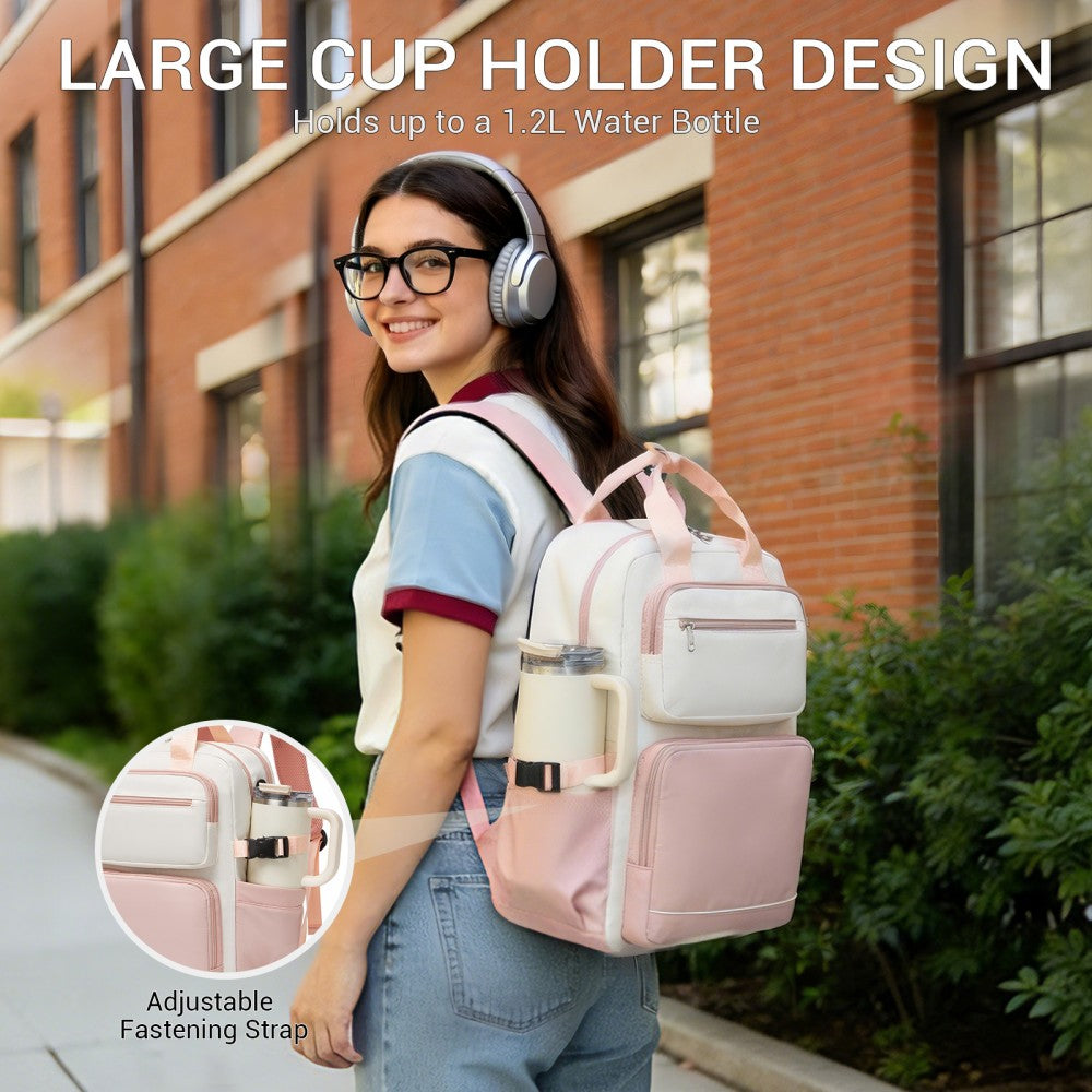 Water-Resistant Laptop Backpack – 15.6-Inch Padded Laptop Compartment, Reflective Strip – Beige and Pink