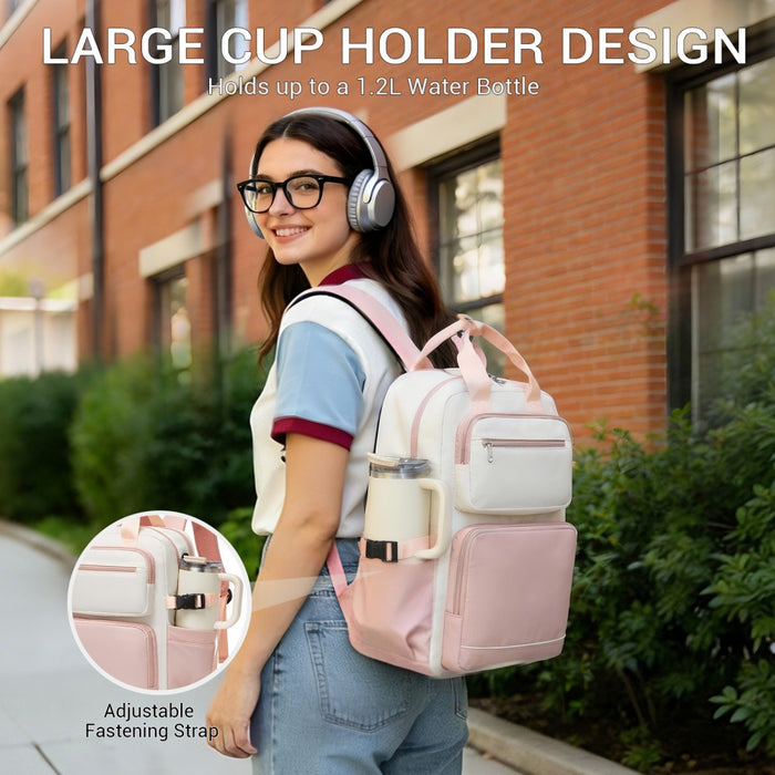 Water-Resistant Laptop Backpack – 15.6-Inch Padded Laptop Compartment, Reflective Strip – Beige and Pink