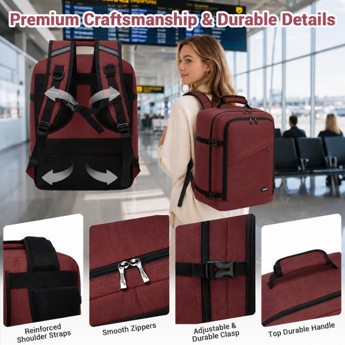 Flexible Cabin Backpack Fits 15.6-Inch Laptop, Clamshell Access – Burgundy