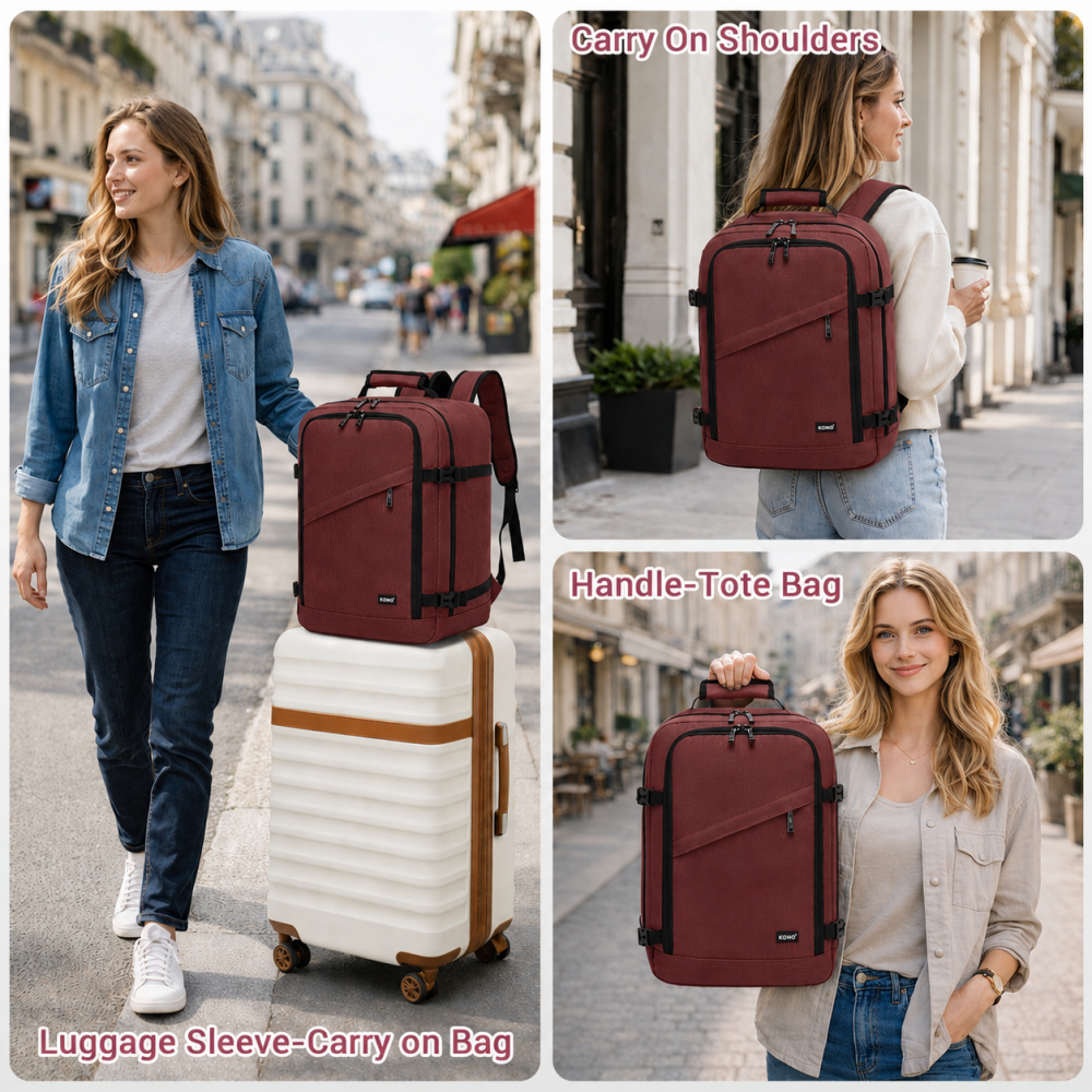 Flexible Cabin Backpack Fits 15.6-Inch Laptop, Clamshell Access – Burgundy