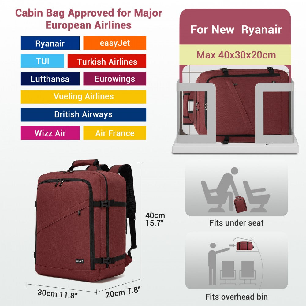 Flexible Cabin Backpack Fits 15.6-Inch Laptop, Clamshell Access – Burgundy