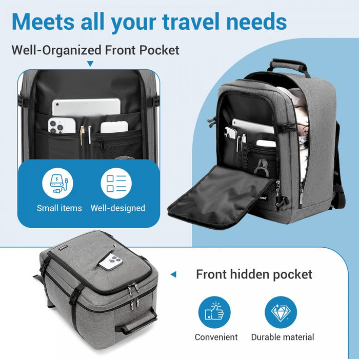 Flexible Cabin Backpack Fits 15.6-Inch Laptop, Clamshell Access – Grey