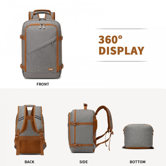 Flexible Cabin Backpack Fits 15.6-Inch Laptop, Clamshell Access – Grey and Brown