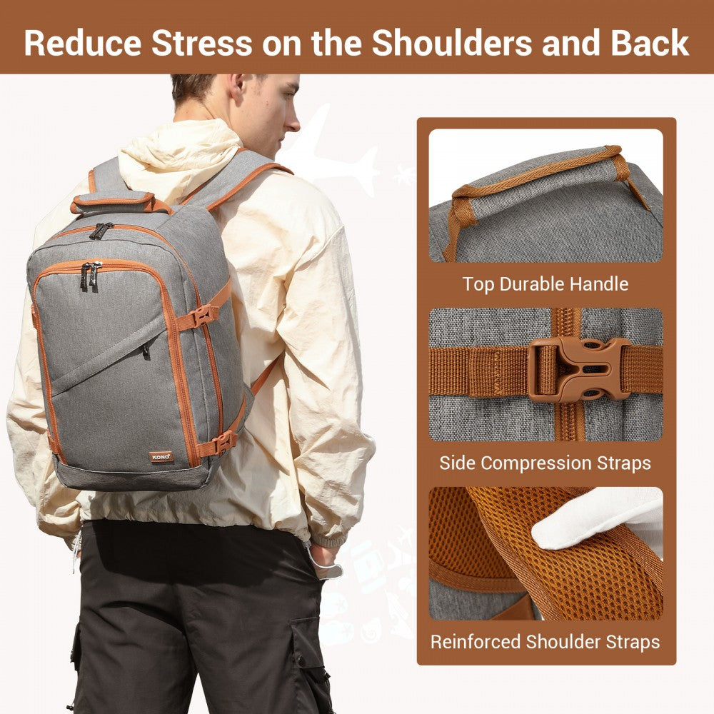 Flexible Cabin Backpack Fits 15.6-Inch Laptop, Clamshell Access – Grey and Brown